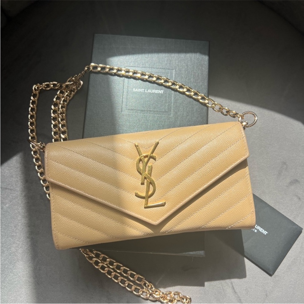 Reserved-Beige Yves Saint Laurent Cassandre Envelope Flap Wallet on Chain gold - Picture 1 of 14